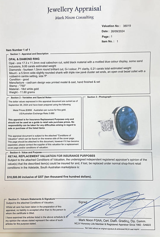 18ct White Gold Black Opal & Diamond Ring