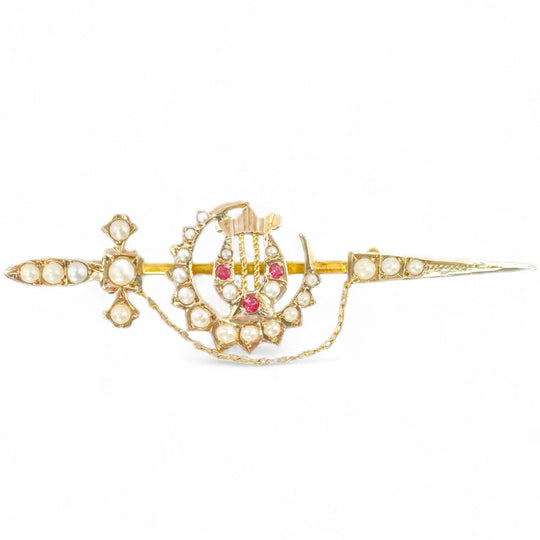 9ct Antique Sword, Harp, & Crescent Moon Brooch 