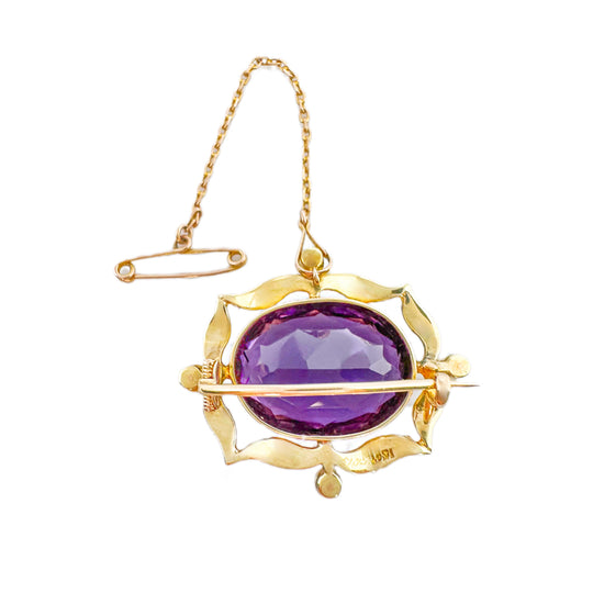 18ct Yellow Gold Amethyst & Pearl Brooch