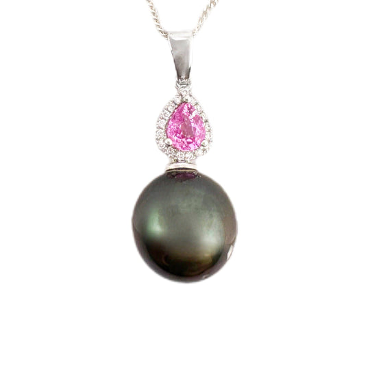 14ct Tahitian Pearl & Pink Sapphire Diamond Pendant
