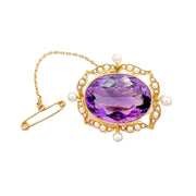 18ct Yellow Gold Amethyst & Pearl Brooch