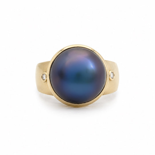 14ct Yellow Gold Pearl & Diamond Ring - add hand