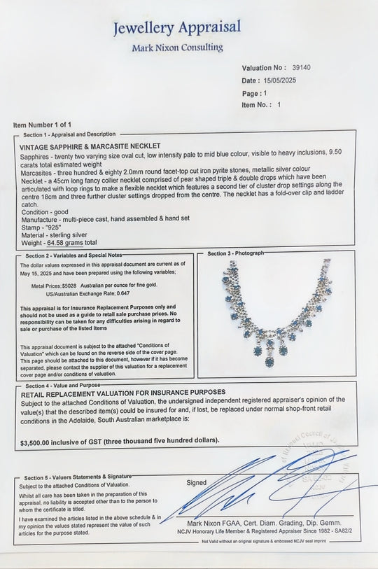 Sterling Silver Vintage Sapphire & Marcasite Necklet