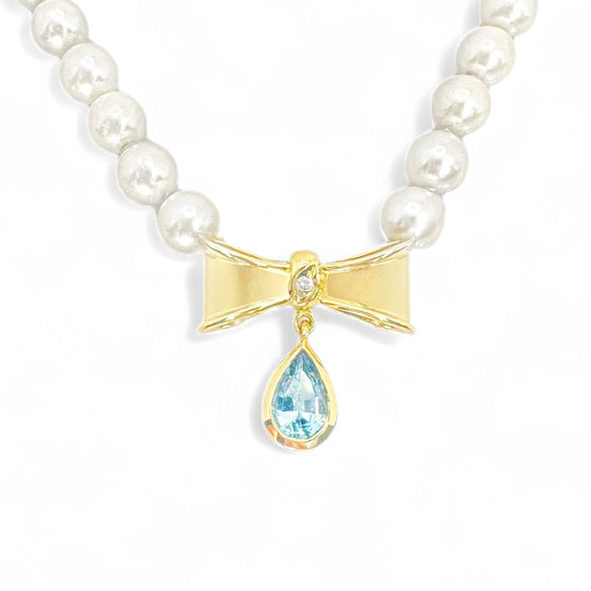 18ct Yellow Gold Pearl & Topaz Bow Necklet