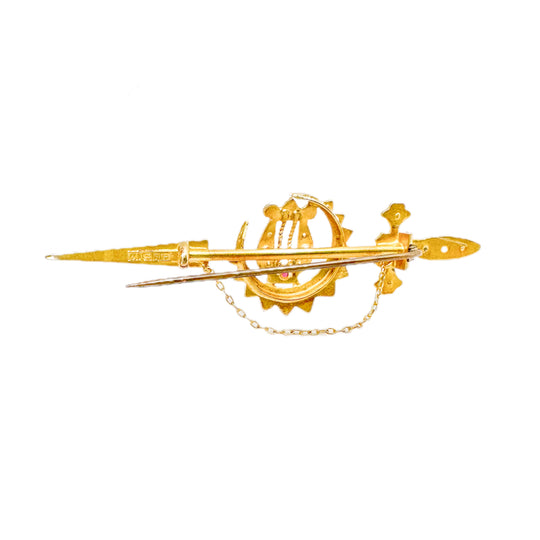 9ct Antique Sword, Harp, & Crescent Moon Brooch 
