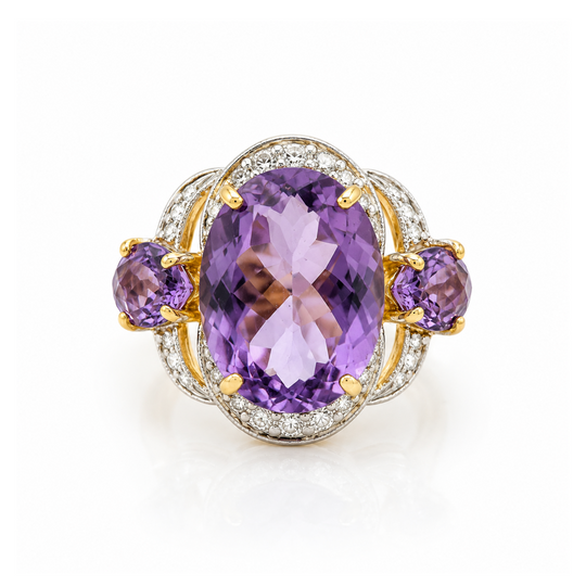 9ct Yellow Gold Amethyst & Diamond Cluster Ring