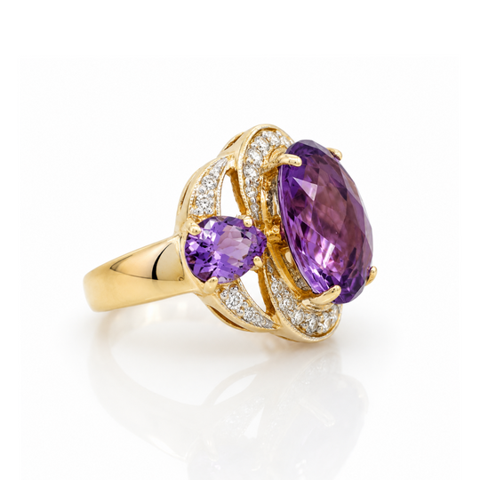 9ct Yellow Gold Amethyst & Diamond Cluster Ring