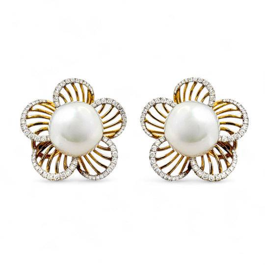 18ct Pearl & Diamond Flower Earrings