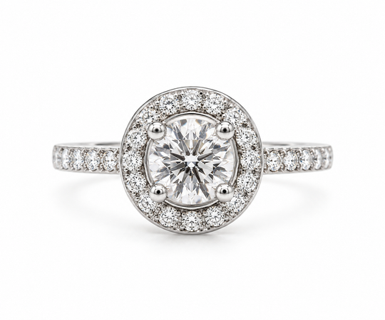 Verlobungsring aus 18 Karat Weißgold mit Halo-Diamant