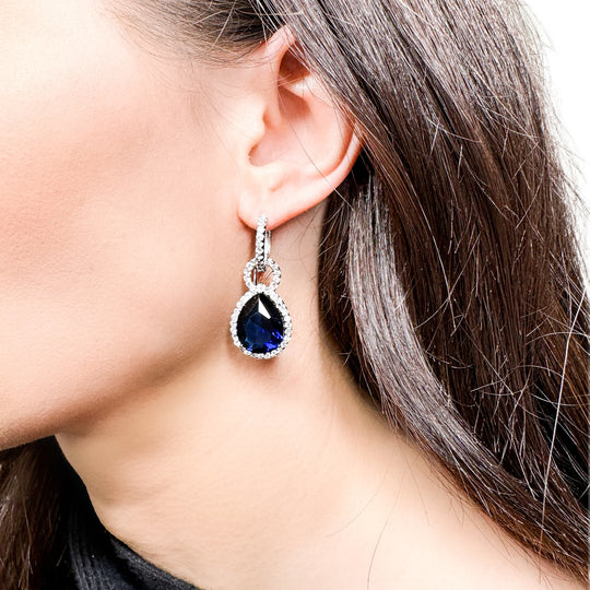 Sterling Silver Blue Pear Drop Cubic Zirconia Earrings 