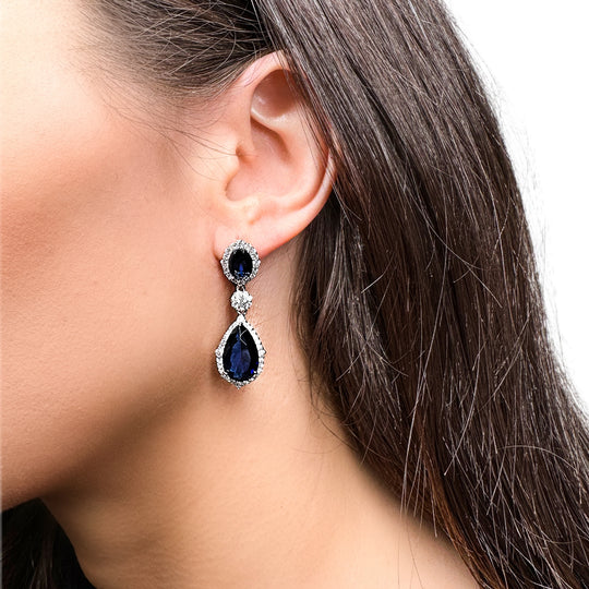 Sterling Silver Blue Pear Drop Cubic Zirconia Earrings
