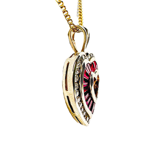 9ct Yellow Gold Ruby & Diamond Heart Pendant