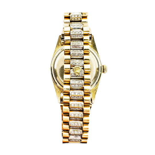 18ct Gold Rolex Oyster Perpetual 36mm, Black Dial, Diamond Numbers Bezel & Band 