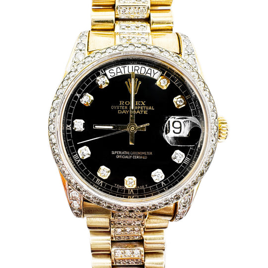 18ct Gold Rolex Oyster Perpetual 36mm, Black Dial, Diamond Numbers Bezel & Band 