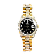 18ct Gold Rolex Oyster Perpetual 36mm, Black Dial, Diamond Numbers Bezel & Band 
