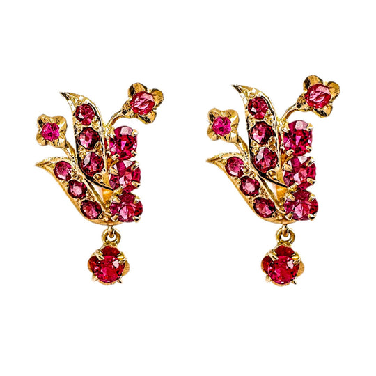 18ct Yellow Gold Ruby Flower & Leaf Earrings 