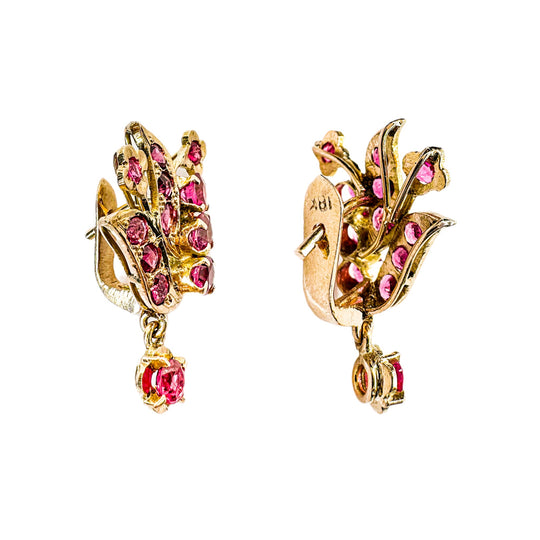 18ct Yellow Gold Ruby Flower & Leaf Earrings 