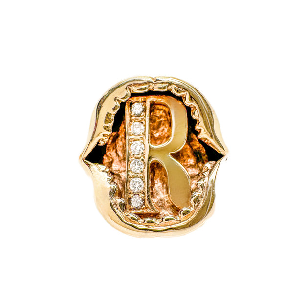 9ct Yellow Gold Diamond Shark Jaw 'R' Initial Ring | CG Jewellery