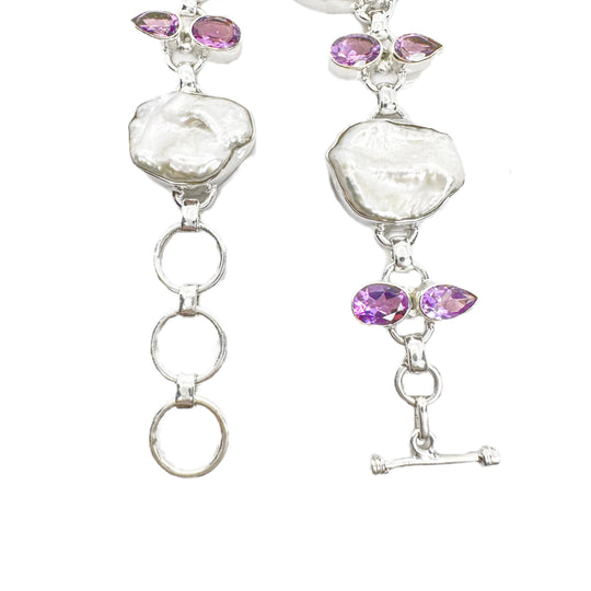 Amethyst & Natural Pearl Sterling Silver Bracelet 