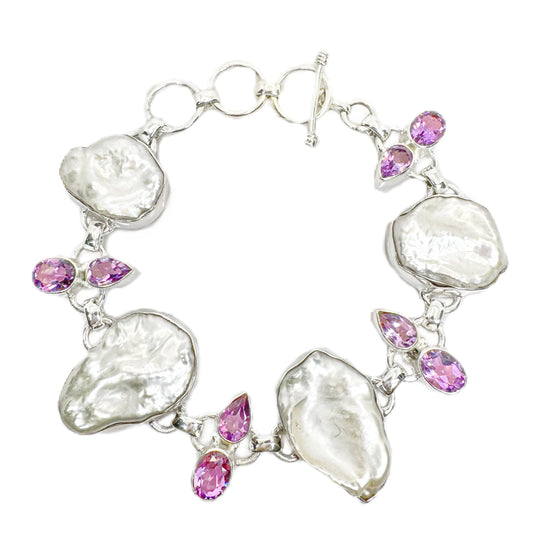 Amethyst & Natural Pearl Sterling Silver Bracelet 