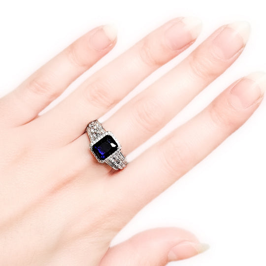Sapphire Blue Radiant Cut Sterling Silver Ring