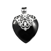 Vintage Sterling Silver Black Onyx Marcasite Heart Pendant 