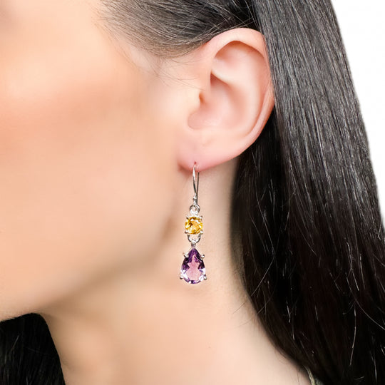 Amethyst & Citrine Sterling Silver Drop Earrings