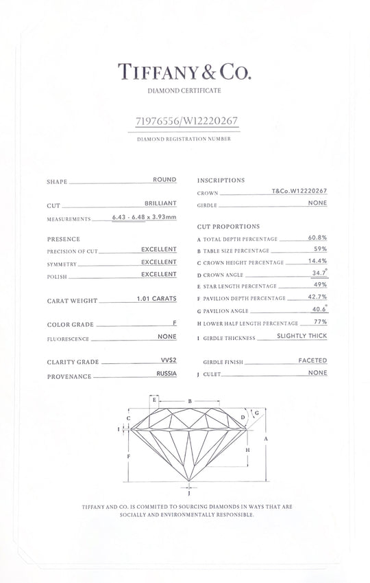 Tiffany & Co. Platinum & Diamond "Tiffany True" Solitaire Ring