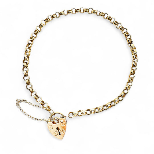 9ct Yellow Gold Belcher Heart Padlock Bracelet