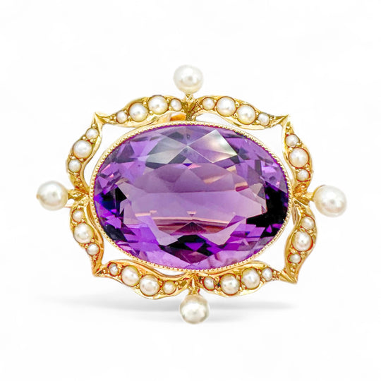 18ct Yellow Gold Amethyst & Pearl Brooch, 18.00ct