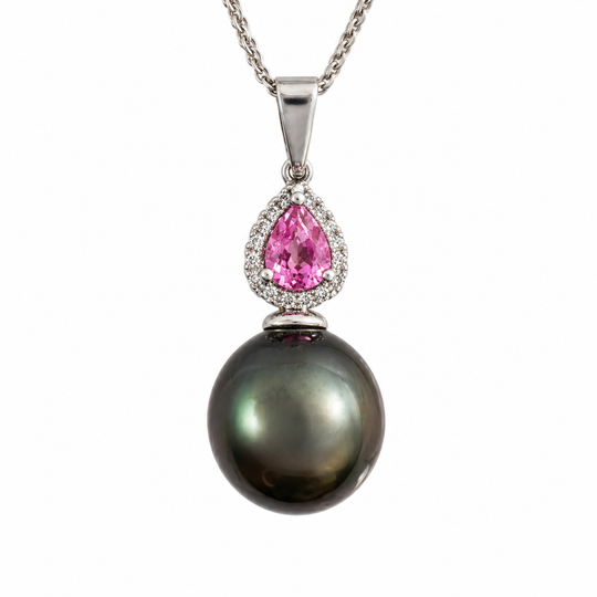 14ct Tahitian Pearl & Pink Sapphire Diamond Pendant