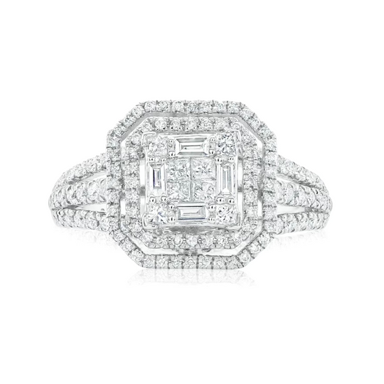 9ct White Gold Baguette, Princess & Round Brilliant Cut Diamond Ring