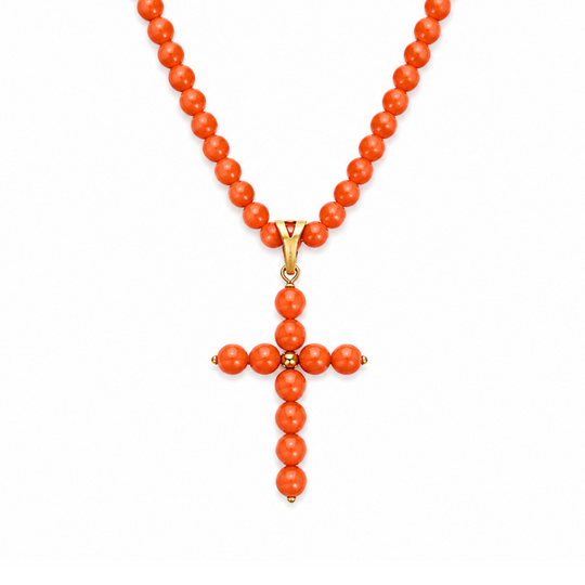 18ct Yellow Gold Coral Antique Cross Necklace 