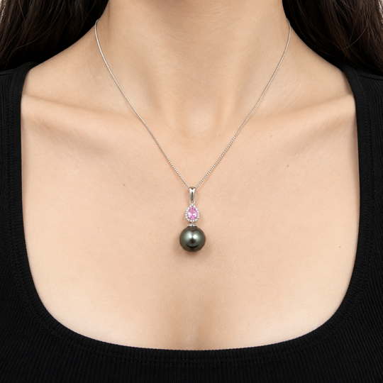 14ct Tahitian Pearl & Pink Sapphire Diamond Pendant