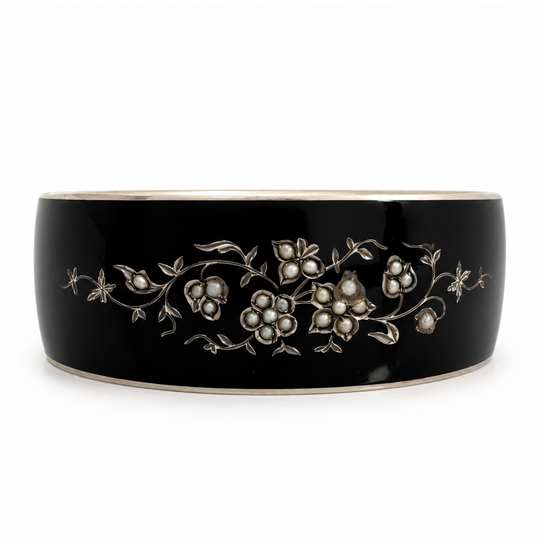 Victorian Seed Pearl & Black Enamel Mourning Bangle