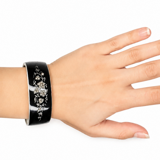 Victorian Seed Pearl & Black Enamel Mourning Bangle