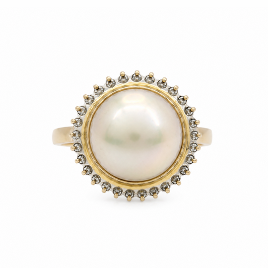 14ct Yellow Gold Pearl & Diamond Cluster Ring 