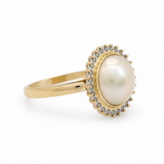 14ct Yellow Gold Pearl & Diamond Cluster Ring 