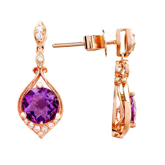 14ct Rose Gold Amethyst & Diamond Earrings