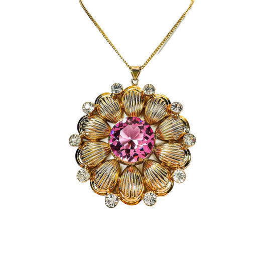 14ct Yellow Gold Created Pink Sapphire Flower Pendant