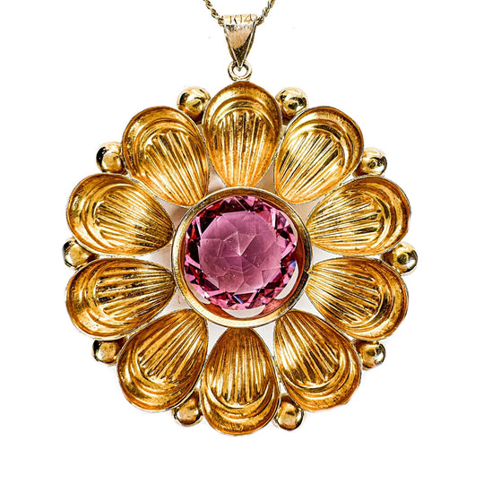 14ct Yellow Gold Created Pink Sapphire Flower Pendant