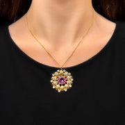 14ct Yellow Gold Created Pink Sapphire Flower Pendant