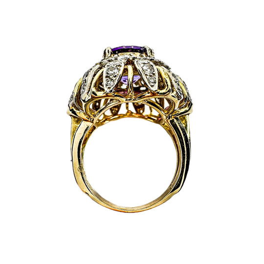 18ct Yellow Gold Amethyst & Diamond Flower Ring