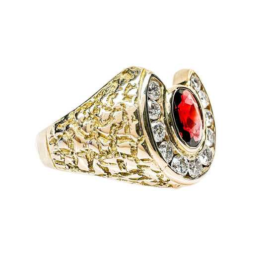 18ct Yellow Gold Garnet & Diamond Mens Ring