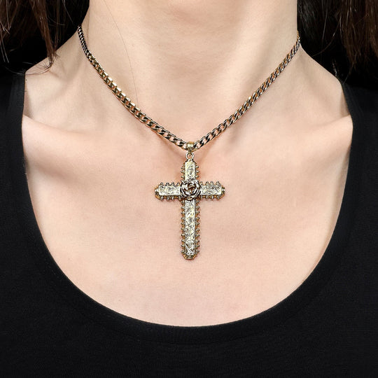 18ct Yellow Gold Cross with Centre Rose