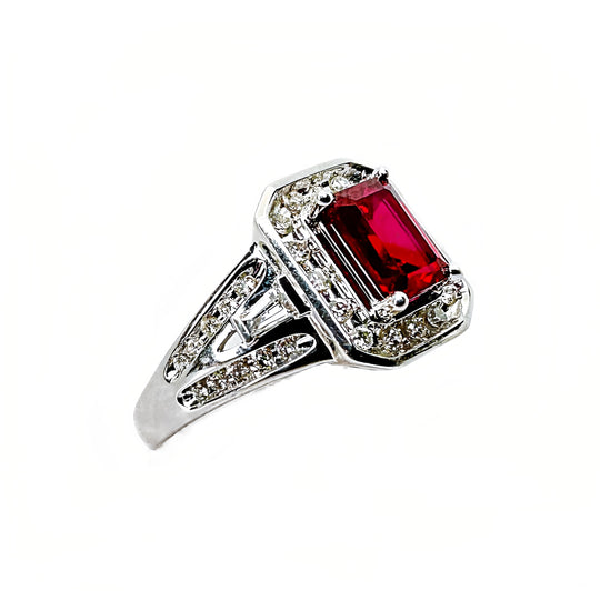 9ct White Gold Created Ruby & Diamond Ring | CG Jewellery
