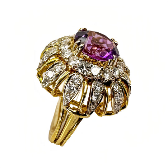 18ct Yellow Gold Amethyst & Diamond Flower Ring