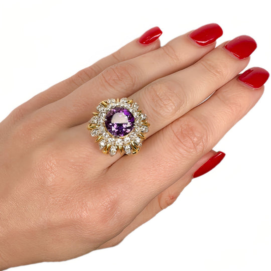 18ct Yellow Gold Amethyst & Diamond Flower Ring