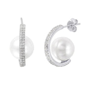 Sterling Silver C-Curved Pearl CZ Earrings