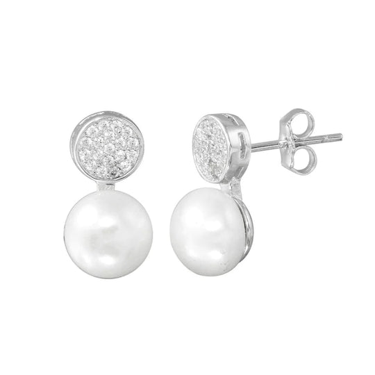 Sterling Silver CZ Encrusted Disc Freshwater Pearl Earrings